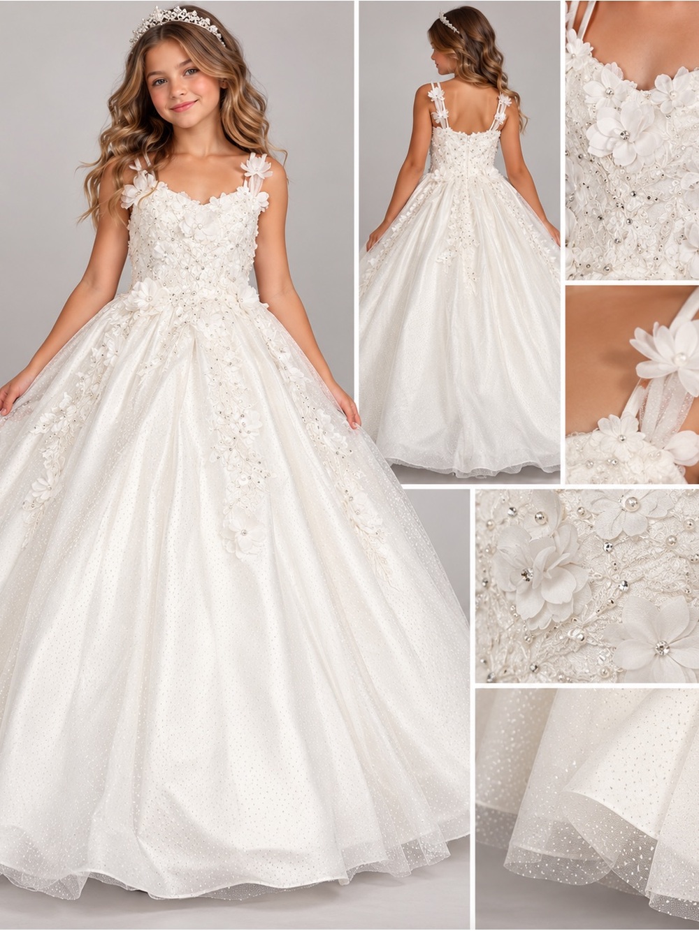 Dancing Queen Girls Size 12 White 3D Floral Pageant Ball Gown